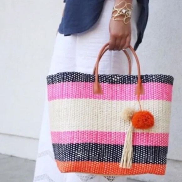 NWT! ANTHROPOLOGIE Pomaria Tassel Tote Straw Colorful Beach Pool Resort Vacation - Picture 1 of 15